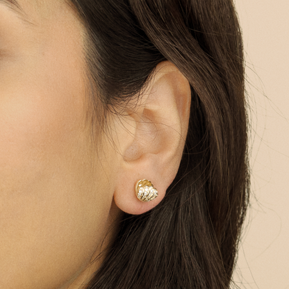 The Concha earrings by Ocarina, 18K gold-plated seashell-shaped stud earrings encrusted with zircon stones, worn by a model with dark hair. A delicate and ocean-inspired jewelry piece adding a touch of coastal elegance, captured in a close-up ear shot.