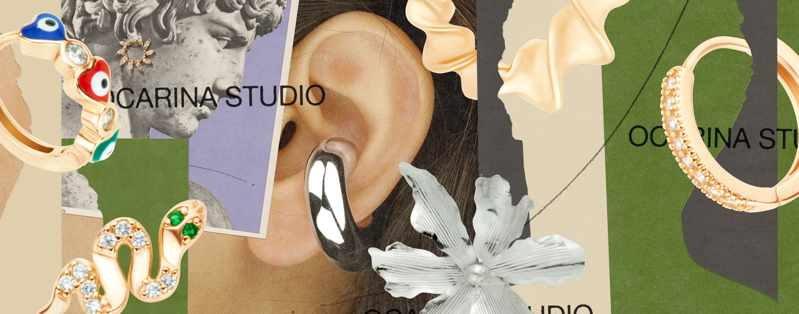 A modern collage-style jewelry banner for Ocarina Studio, featuring a close-up of an ear adorned with a bold silver ear cuff, alongside gold rings with colorful gemstones, wavy gold earrings, and a textured silver flower earring, set against an artistic background with classical statue imagery and abstract shapes