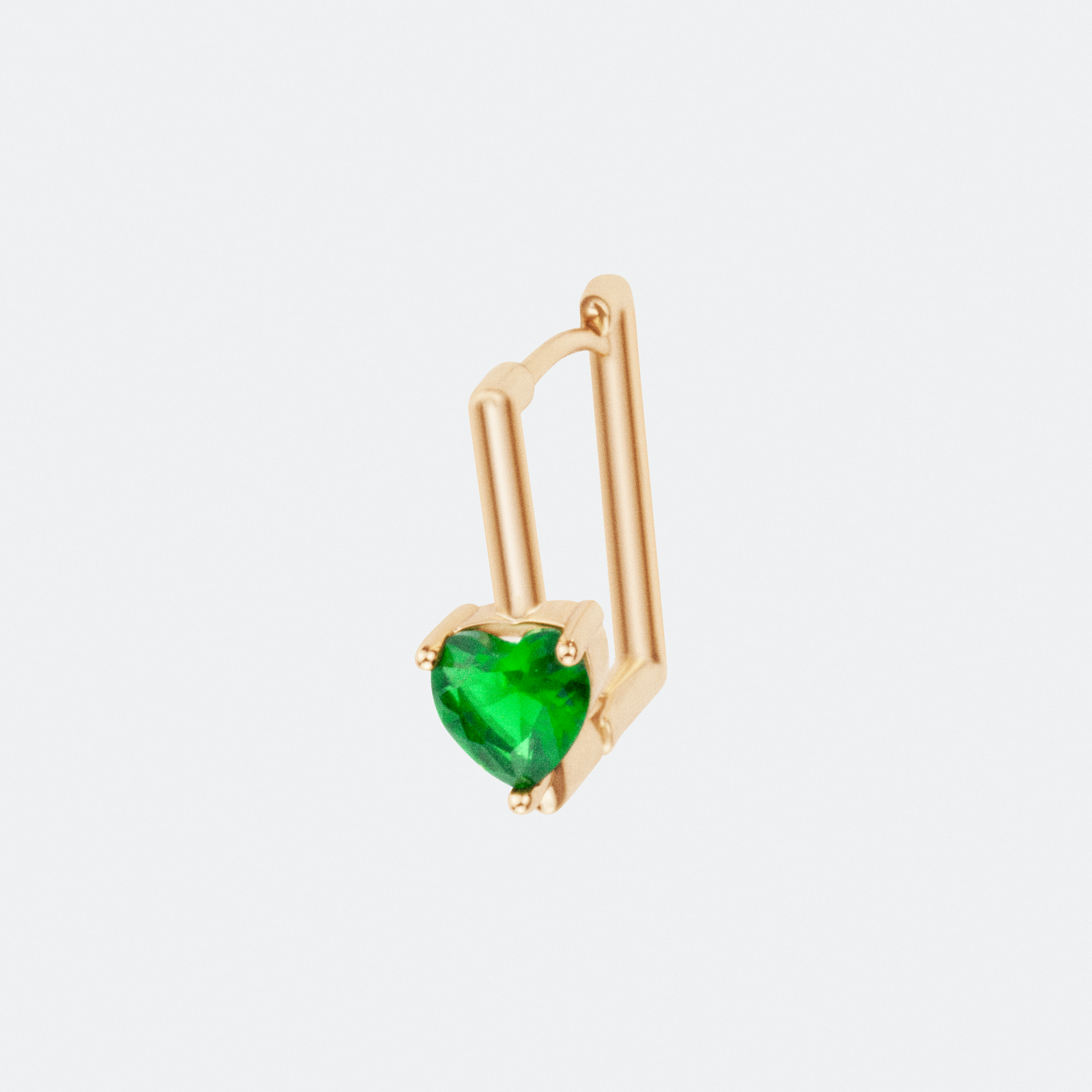 The Viridis hoop earring by Ocarina, an 18K gold-plated geometric square design featuring a striking prong-set green gemstone. A modern and bold jewelry piece combining structure and elegance, displayed against a clean white background.